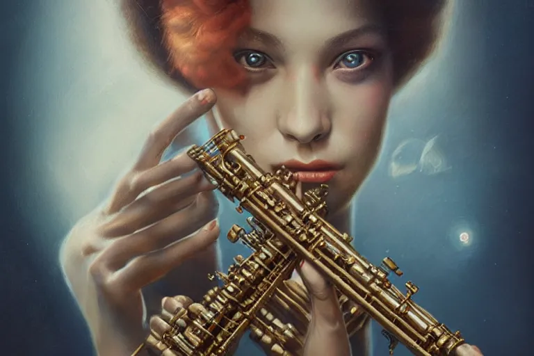 Image similar to a beautiful ultradetailed vintage photo of cyborg playing an oboe, by tom bagshaw and anna dittman, portrait, vignette, 3 5 mm lens, golden ratio composition, detailed face, studio photography, very detailed, humanoid, industrial robot, artstation, 8 k, highly coherent