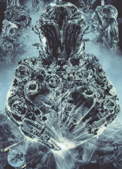 Image similar to astronauts in the dark infinite underwater void - complex and hyperdetailed technical suit, fabric material. reflection and dispersion materials. rays and dispersion of light. volumetric light. wide angle, f / 3 2. noise film photo. flash photography. ultra realistic, wide angle. poster by wayne barlowe, hajime sorayama aaron horkey, craig mullins