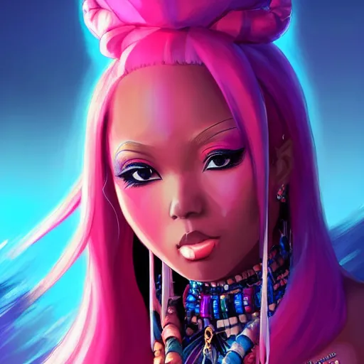Prompt: anime portrait of Niki Minaj as a shaman yedi using dark force to eliminate trump as an anime antagonist by Stanley Artgerm Lau, WLOP, Rossdraws, James Jean, Andrei Riabovitchev, Marc Simonetti, and Sakimichan, trending on artstation