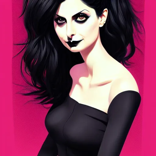 Prompt: Morena Baccarin as a goth gf e-girl, elegant, 2d, ultra highly detailed, digital painting, smooth, sharp focus, artstation, pixiv, art by Ilya Kuvshinov