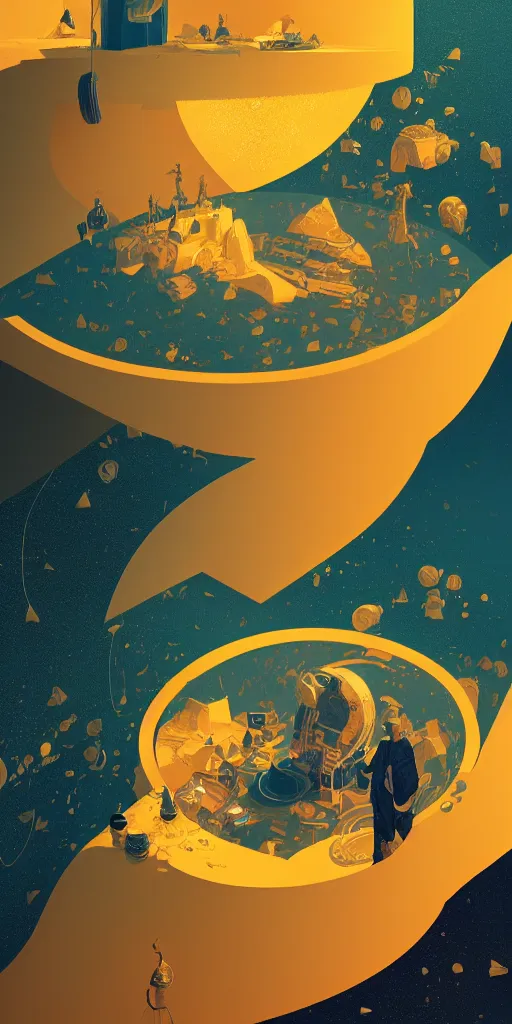 Image similar to highly detailed portrait of a semicircular bounded space surrounded with golden and blue magic powder, ultra wide angle, finer details, by victo ngai and greg rutkowski, trending on artstation.