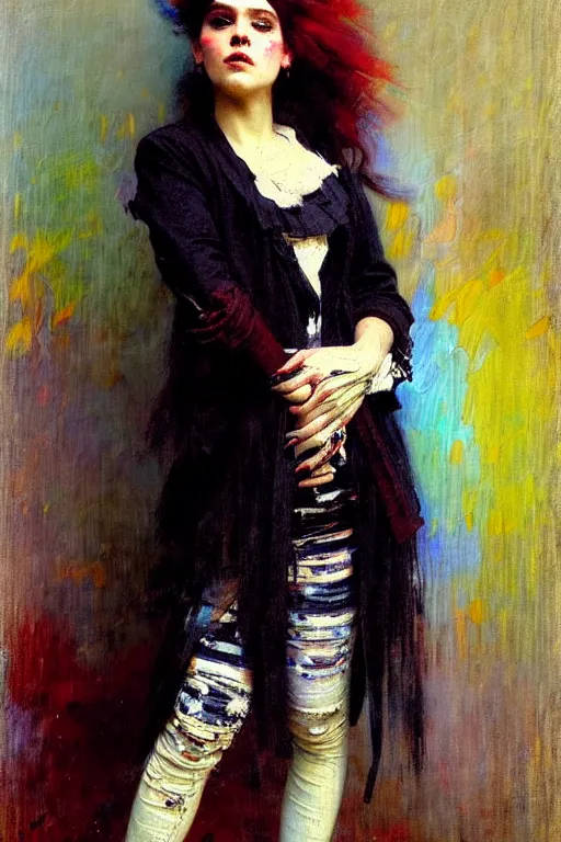Prompt: impressionist brushstrokes!!!!!!!!! solomon joseph solomon and richard schmid and jeremy lipking victorian loose genre loose painting full length portrait painting of a young beautiful woman punk rocker