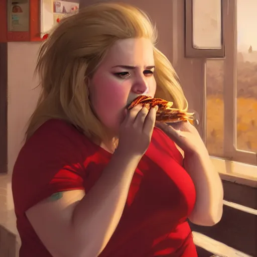 Image similar to portrait of a blonde chubby woman eating kebab, light stubble with red shirt ,digital art,photorealistoc,art by greg rutkowski,hyperdetailed,western comic style,comic,comic style,sharp lineart,professional lighting,deviantart,artstation,trevor henderson,rossdtaws,cinematic,dramatic