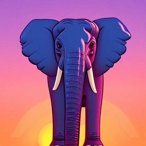 Image similar to a heroic elephant watching yesterday's sunset over the mountains in the style of synthwave