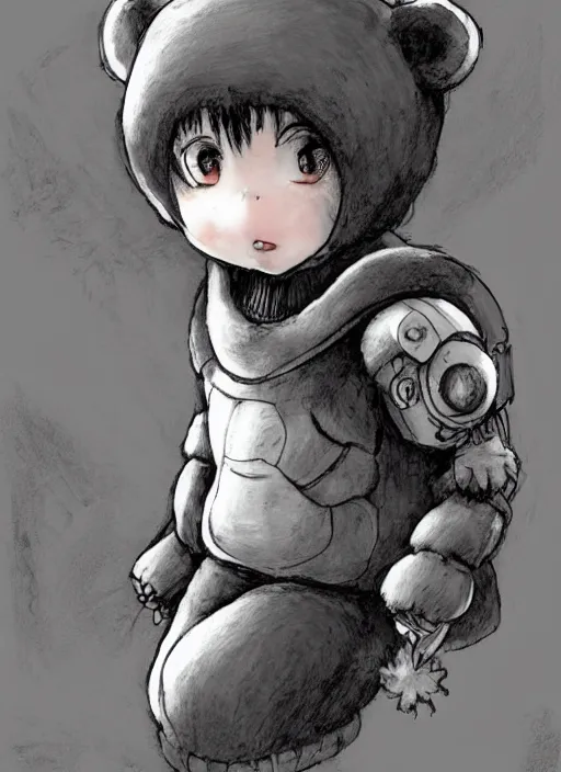 Image similar to beautiful little boy wearing an cyborg bear suit, artwork in kentaro miura and made in abyss and rosdraws, smooth, beautiful lightness, anatomically correct, trending on pixiv, forest