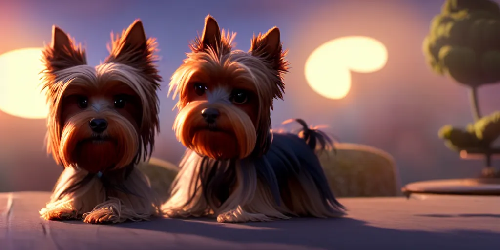 Prompt: a wholesome animation key shot of a brown and ashy 1 3 - year - old yorkshire terrier, studio ghibli, pixar and disney animation, sharp, rendered in unreal engine 5, anime key art by greg rutkowski, bloom, dramatic lighting