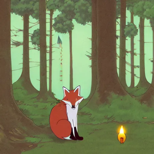 Prompt: a fox carrying a candle in the forest by studio ghibli