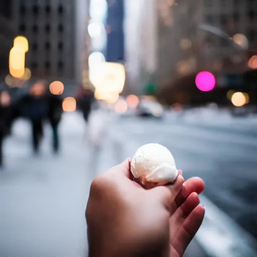 Image similar to photograph of a crying man holding a tiny small ball of ice cream in nyc.