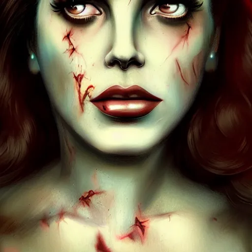 Image similar to color head portrait of lana del rey as a zombie with soft, 7 days to die zombie, gritty background, fine art, award winning, intricate, elegant, sharp focus, cinematic lighting, digital painting, 8 k concept art, art by michael hussar, art by brom, art by guweiz and z. w. gu, 8 k