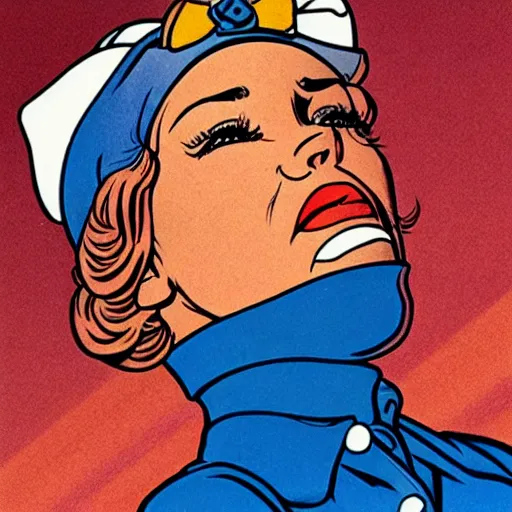 Image similar to a portrait of Rosie the Riveter by Moebius