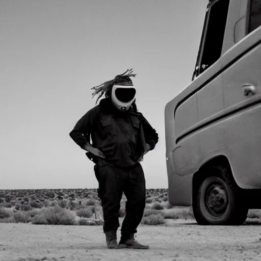 Prompt: A photo of Boris Johnson in a gas mask and underpants, Breaking Bad, New Mexico desert, cinematic lighting, RV