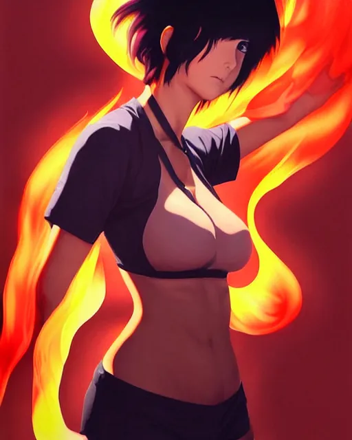 Image similar to female fireman, roaring flames!! | | very very anime!!!, beautiful fine - face, audrey plaza, realistic shaded perfect face, fine details. anime. realistic shaded lighting poster by ilya kuvshinov katsuhiro otomo ghost in the shell, magali villeneuve, artgerm, jeremy lipkin and michael garmash and rob rey