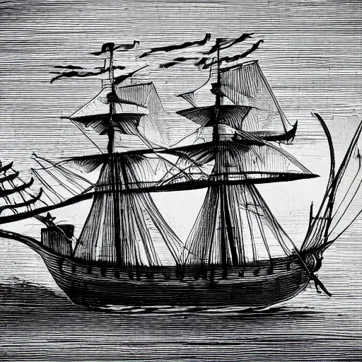 Prompt: pirate ship modernized, black and white, 1500s