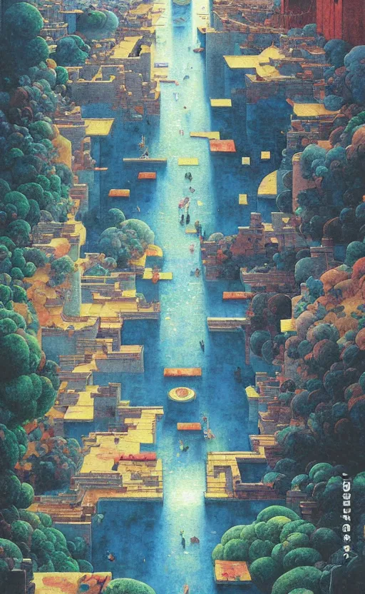 Prompt: dixit card!!!!, tiled room squared waterway, aqueducts, fantasy. intricate, amazing composition, colorful watercolor, by ruan jia, by maxfield parrish, by marc simonetti, by hikari shimoda, by robert hubert, by zhang kechun, illustration, gloomy