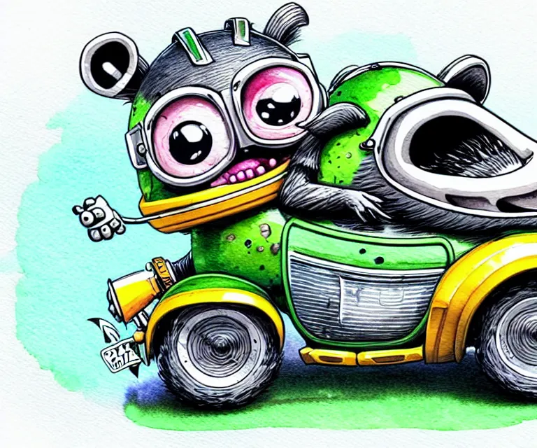 Image similar to cute and funny, racoon wearing a helmet riding in a tiny 2 0 1 7 infinti qx 8 0, ratfink style by ed roth, centered award winning watercolor pen illustration, isometric illustration by chihiro iwasaki, edited by range murata