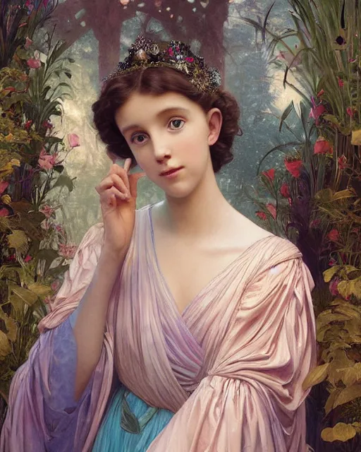 Image similar to a beautiful painting of a shy, blushing princess in a tiara and an iridescent art nouveau gown resembling millie bobby brown watching the lantern festival, intricate, elegant, highly detailed, digital painting, artstation, concept art, by krenz cushart and artem demura and william adolph bouguereau and alphonse mucha