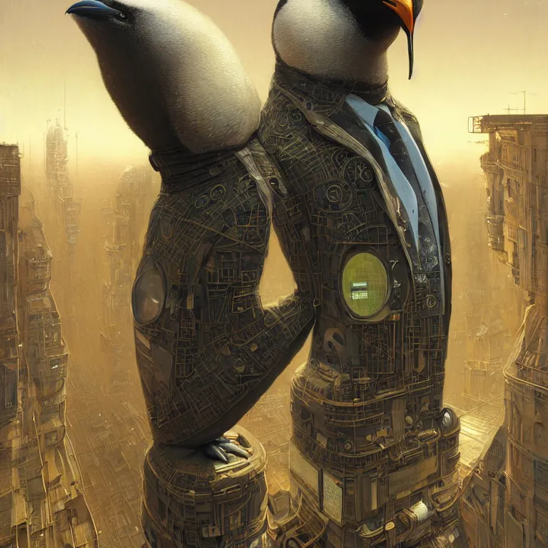 Image similar to A solarpunk very highly detailed Anthropomorphic cybertronic penguin wearing sport suit with very highly detailed face on the street of a very highly detailed solarpunk city digital surrealism art by Greg Rutkowski and Josan Gonzalez, highly detailed, digital concept art, Volumetric natural light, sharp focus, Golden Ratio illustration, realistic concept art by Stephen Hickman and James Gurney and Hiromasa Ogura Ghost in the Shell rendered in VRAY, From the distance