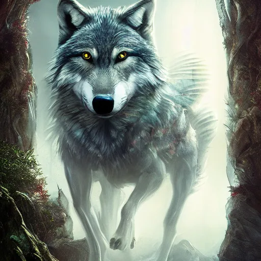 Prompt: wolf of the the dreaming realm by MICHAL KARCZ, movie poster, unreal engine, , post-processing, zbrush, substance painter, trending on ArtStation, Cinematic lighting, cinematic composition, rule of thirds , ultra-detailed, hyper realistic, render in unreal engine 5, Matte painting, movie concept art, hyper-detailed, insanely detailed, corona render, octane render, redshift render, 8k