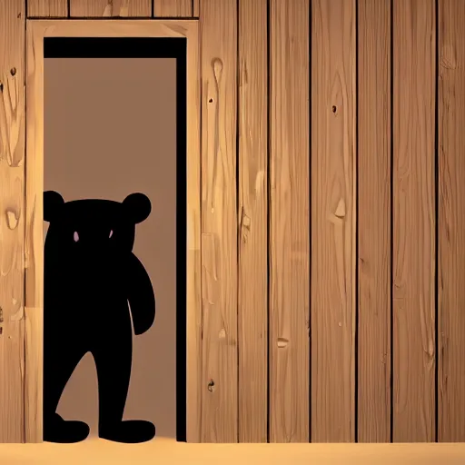 Image similar to dark photograph of a small bear character with a spotlight focused on him walking through a large wooden doorway