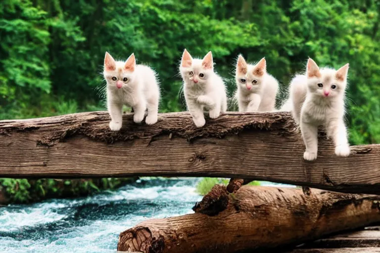 Image similar to kittens walking on a log bridge crossing a river