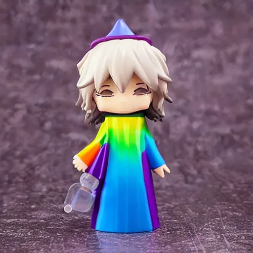 Image similar to a wizard with a rainbow multicolored wizard hat vinyl figure, nendroid