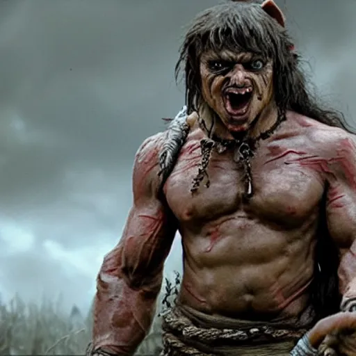 Image similar to an ultra realistic 8 k uhd digital photo of rambo as an orc from the lord of the rings movies