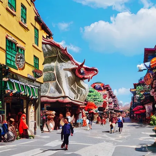 Image similar to photograph of sunny street with people walking, street has many shops and bulls, fantasy, by studio ghibli, dramatic light