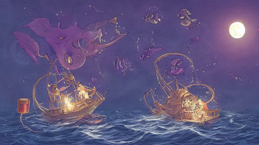 Image similar to a large!! surfacing anglerfish!!!! meets a lantern - holding!!!! sailor!!!! on a ( sloop ), ( background with large full moon and purple sky ), in the styles of tom coletti, jorge jacinto, and thomas veyrat intricate, accurate details