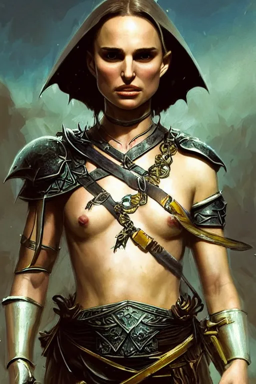 Image similar to natalie portman, legendary warrior, heroic, lord of the rings, tattoos, decorative ornaments, battle armor, by carl spitzweg, ismail inceoglu, vdragan bibin, hans thoma, greg rutkowski, alexandros pyromallis, perfect face, fine details, realistic shading photorealism