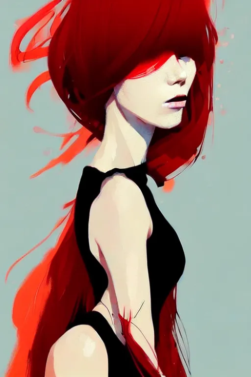 Image similar to a ultradetailed beautiful portrait panting of a stylish woman with red bangs, she is wearing a black dress, by conrad roset, greg rutkowski and makoto shinkai, trending on artstation