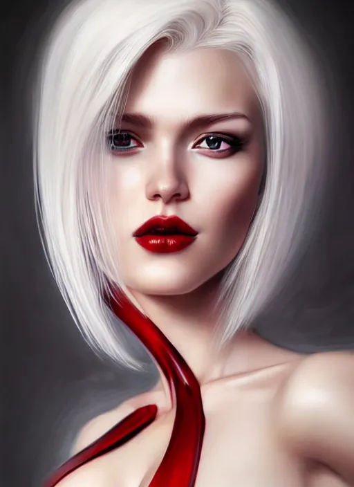 Image similar to photo of gorgeous woman with platinum blonde and red hair in the style of stefan kostic, realistic, half body shot, sharp focus, 8 k high definition, insanely detailed, intricate, elegant, art by stanley lau and artgerm, foggy backgeound