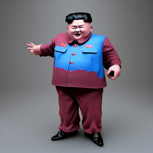 Image similar to kim jong un doll being chased by screaming bob ross doll octane render