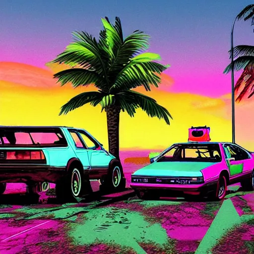 Image similar to wasteland destroyed hotline miami car wide shot epic post apocalyptic landscape miami nuke fire craters end of the world miami beach sunset vapor wave palm trees 80s synth retrowave delorean decal