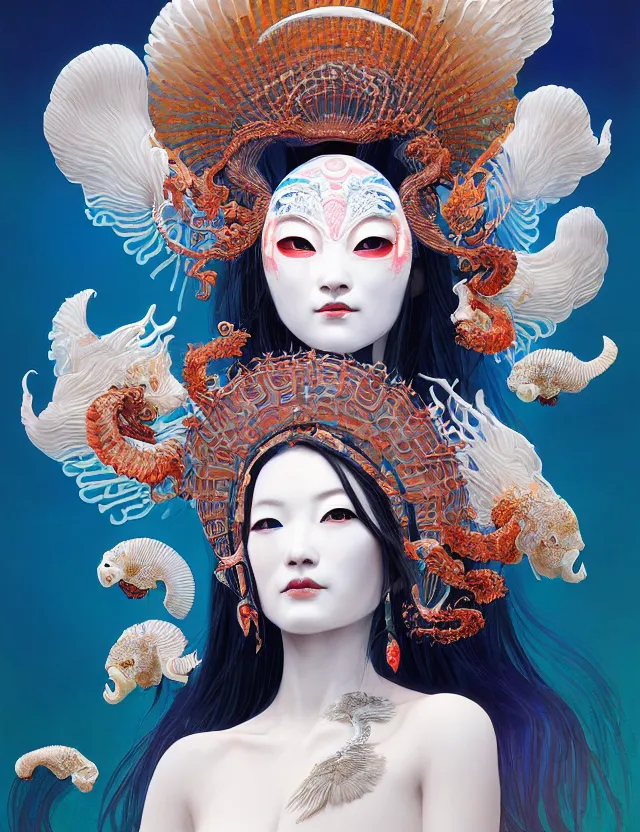 Image similar to 3 d goddess close - up 3 / 4 portrait with ram skull. beautiful intricately detailed japanese crow kitsune mask and clasical japanese kimono. betta fish, jellyfish phoenix, bio luminescent, plasma, ice, water, wind, creature, artwork by tooth wu and wlop and beeple and greg rutkowski