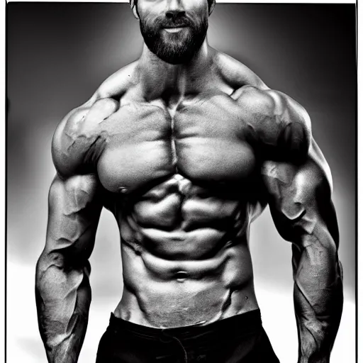 Image similar to overly muscular gigachad, grayscale