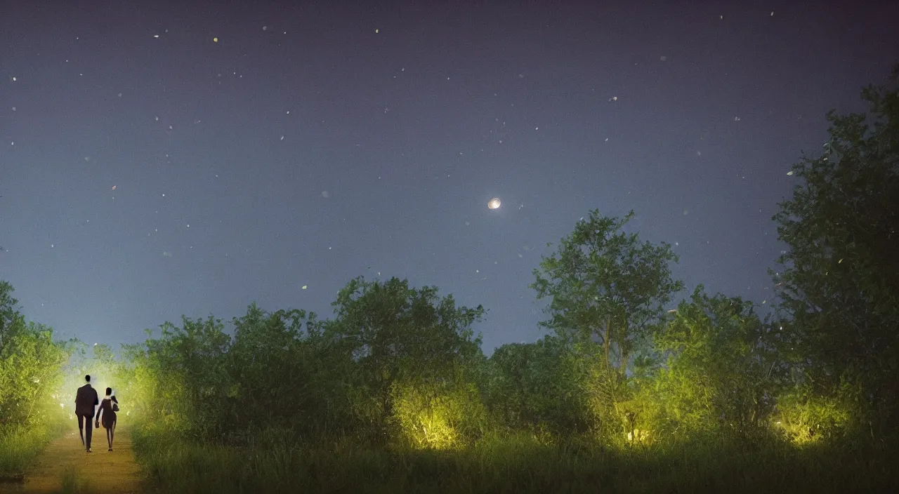 Image similar to a couple walking in the middle of fireflies the color of the moon, cinematic lighting, wow, establishing shot