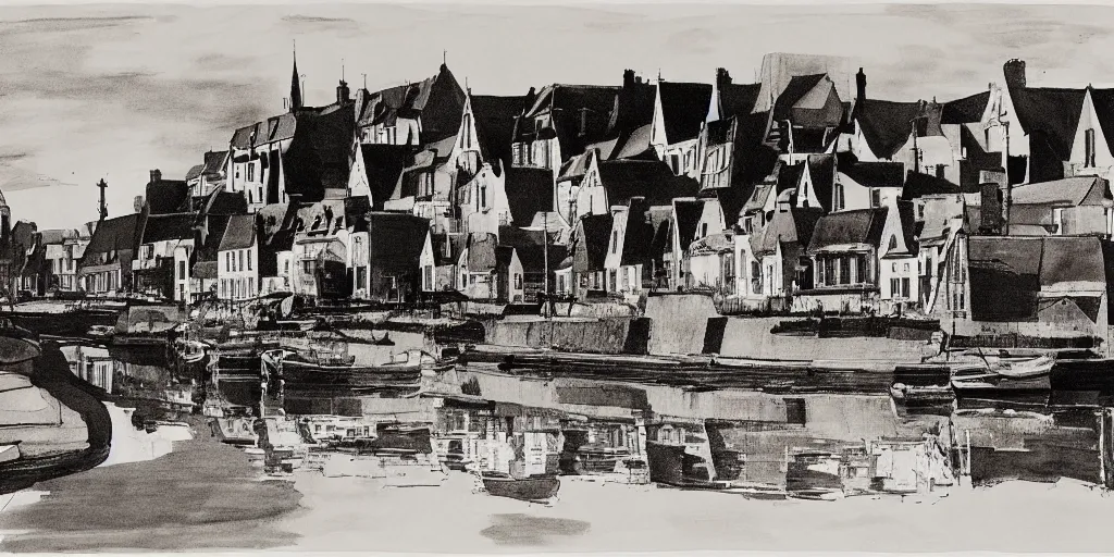 Prompt: an Ink drawing of Hornfleur, Northern France, waterfront houses, high contrast, black and white, by bill brandt