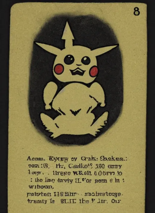 Image similar to creepy pikachu Pokémon card from the 1800s