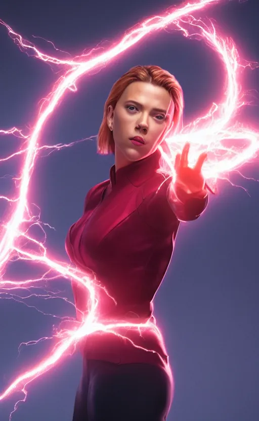 Image similar to Scarlett Johansson casting an electricity spell. Digital art trending on artstation. 4k. Tyndall effect.