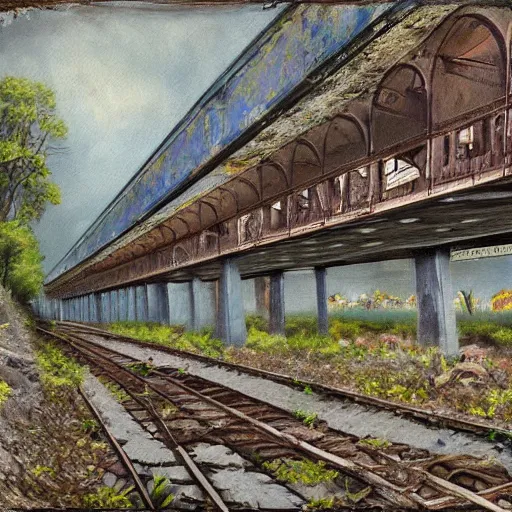 Prompt: the ravages of time, a painting of an abandoned and overgrown subway station