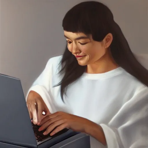 Prompt: hyperrealism portrait person typing on a computer happy