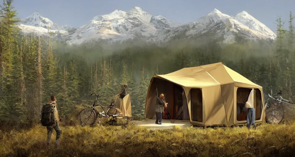 Image similar to cabela's beautiful comfortable carbon framed, modular insulated wall portable container home kit - house all weather family dwelling tent house, person in foreground, mountainous forested wilderness open fields, beautiful views, painterly concept art, environmental concept art, concept art illustration, by james gurney, by craig mullins, by greg rutkowski trending on artstation