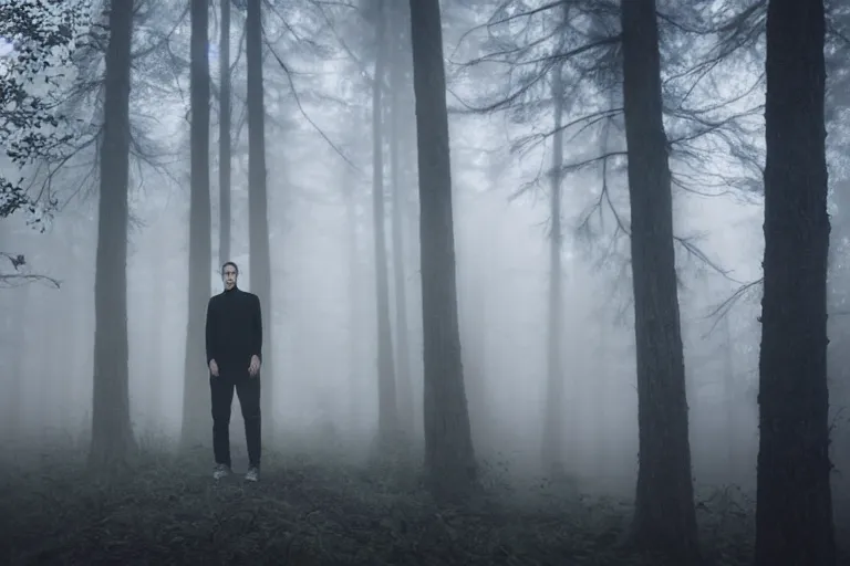 Prompt: a photorealistic cinematic headshot portrait of a skinny evil male scientist, stood in a spooky forest, fog, shrubbery, 8 k, detailed, backlight, deep focus, movie still, moody lighting, by werner herzog