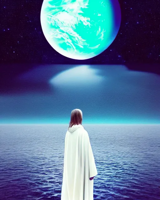 Image similar to a person wearing a white cloak standing in the water. a large planet is overhead. an album cover by stanley twardowicz, trending on cg society, retrofuturism, retrowave, chillwave, synthwave