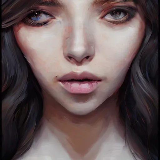 Image similar to a stunning artstation style portrait painting of grace charis, in the style of WLOP, eyes completely white, 8k masterpiece, curvy, slim build, full body, wide view cinematic lighting, pristine clean design, realistic, irresistable, insanely detailed,