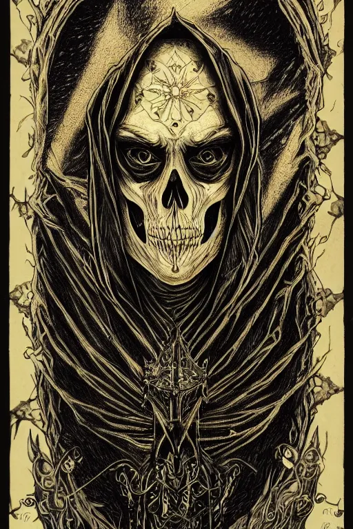 Prompt: Portrait of the Prince of Entropy, gothic, malevolence, high fantasy, black paper, dark atmosphere, skull, detailed, cinematic, ornate, tarot card, highly detailed, ink illustration, golden ratio, 8k,