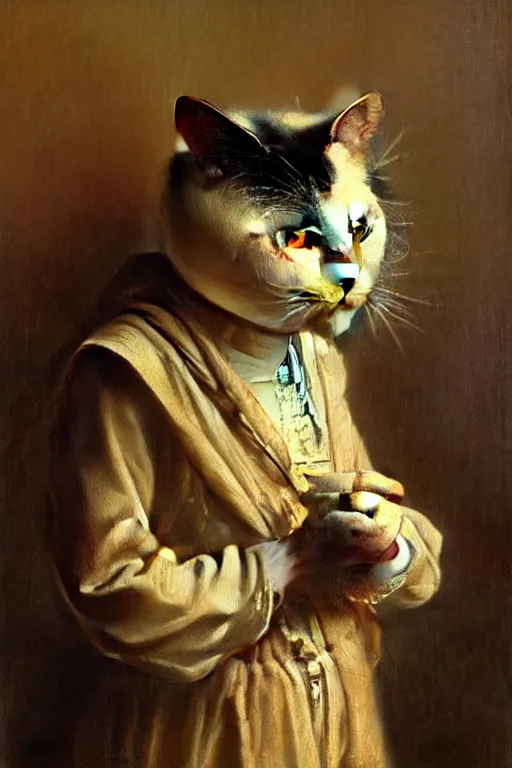 Image similar to a portrait of a cat dressed as a cook, high detail, cleary see face, by gaston bussiere, bayard wu, greg rutkowski, odd nerdrum, maxim verehin, dan dos santos, masterpiece, sharp focus, cinematic lightning