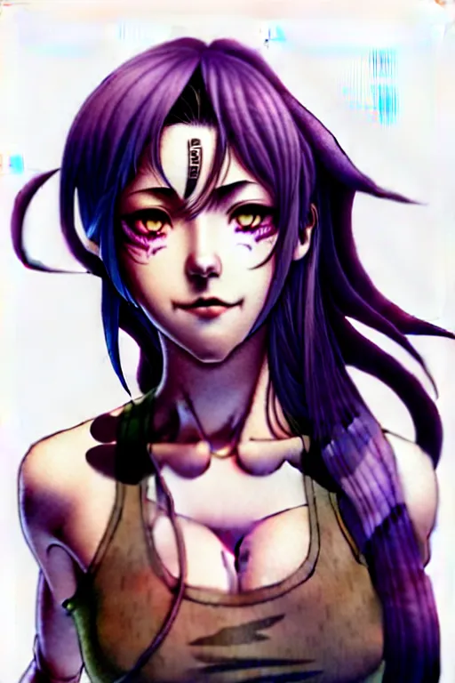 Image similar to a portrait of dilraba dilmurat as revy from black lagoon, smirk, black tank top, jean shorts, brown eyes, purple hair, tribal tattoo sleeve right arm, symmetrical eyes, symmetrical face, art by lois van baarle and loish and ross tran and rossdraws and sam yang and artgerm