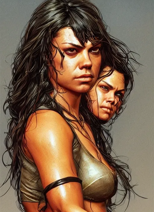 Image similar to exhausted Mila Kunis as a very muscled rugged looking Amazon, dirty, sweating, intricate, elegant, highly detailed, artstation, concept art, sharp focus, art by artgerm and donato giancola and Joseph Christian Leyendecker, WLOP