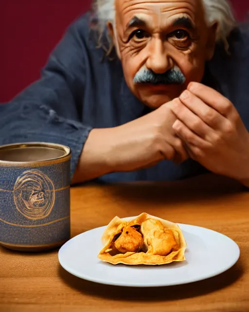 Image similar to a portrait of albert einstein sitting at the dining table with a plate containing samosas in front of him, highly detailed, trending on artstation, bokeh, 9 0 mm, f / 1. 4